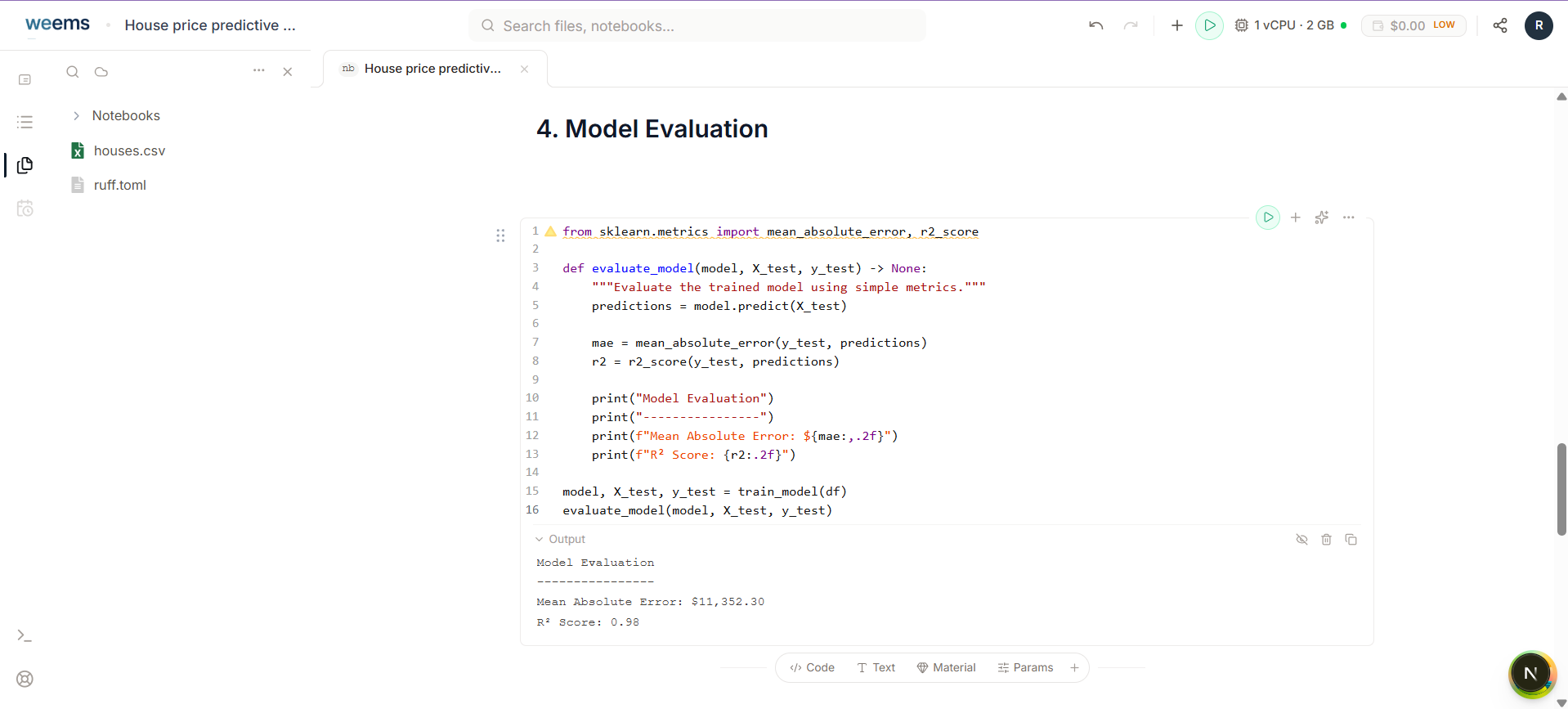 House price notebook output showing model evaluation metrics including mean absolute error and R-squared score.